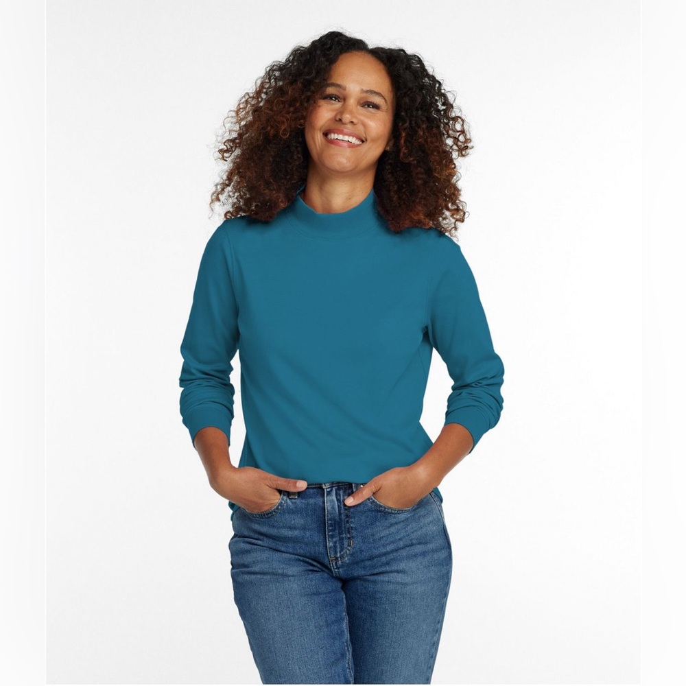 LL Bean Womens %100 Supima cotton Tee Turtleneck Deep Turquoise Large Regular